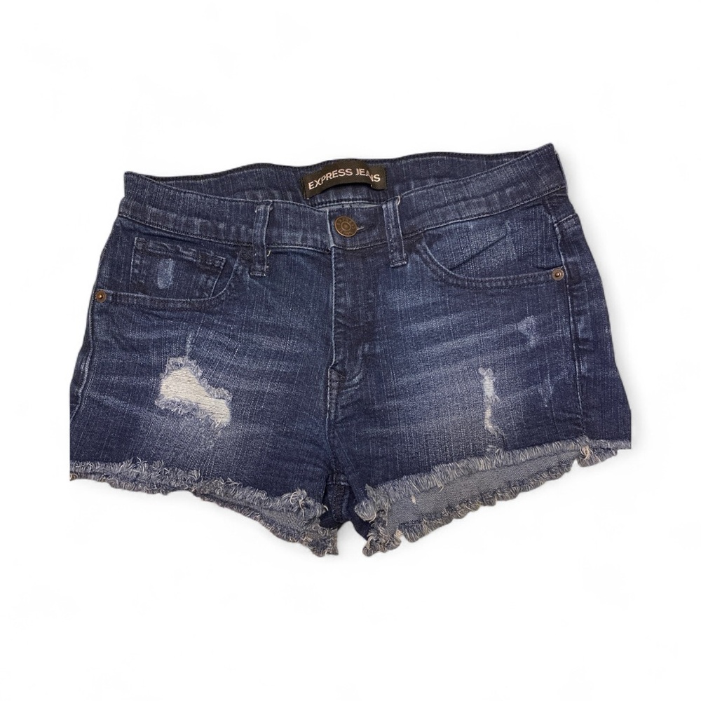 Express Distressed Dark Blue Jean Shorts